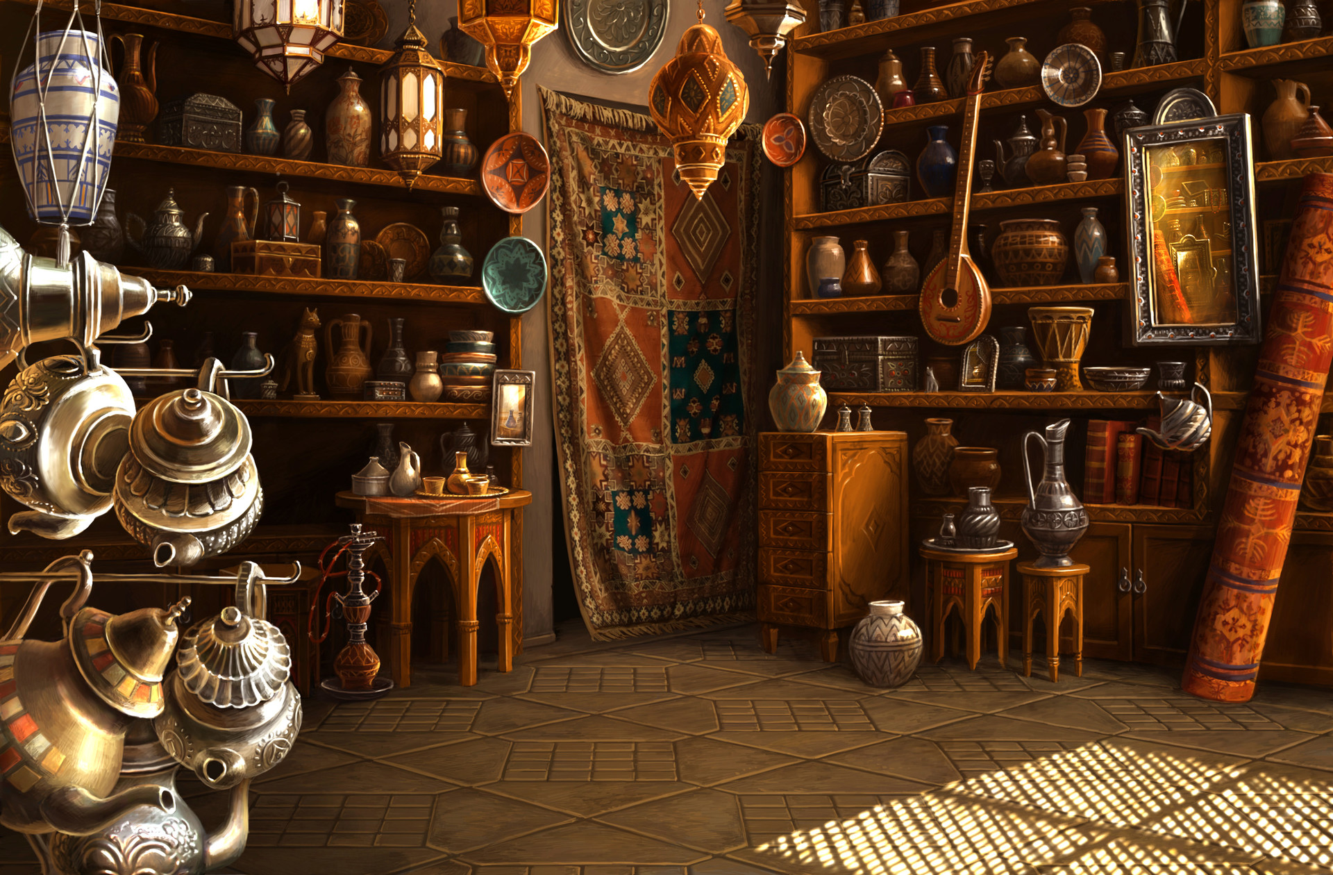 Vintage shop interior with shelves of curios