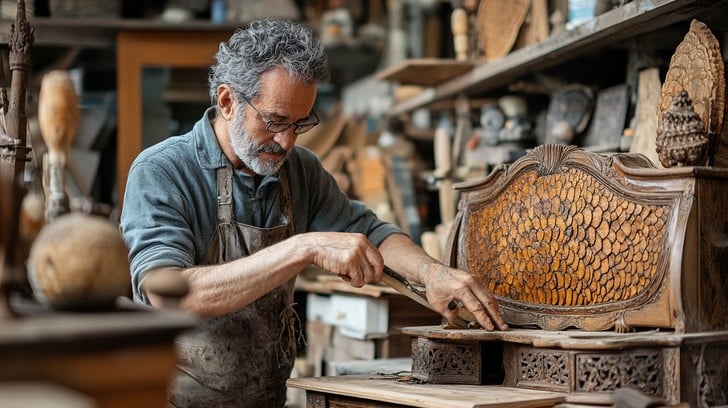 vintage woodworking tools on a rustic bench in artisan workshop